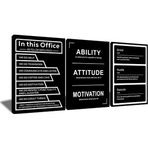 Motivational 3 Panel Office Rules Canvas Wall Art Decor Teamwork Positive Energy Black White Poster Printing Inspiring Quotes Picture Decoration for Bedroom Gym Stretched and Framed [16''W x 36''H]
