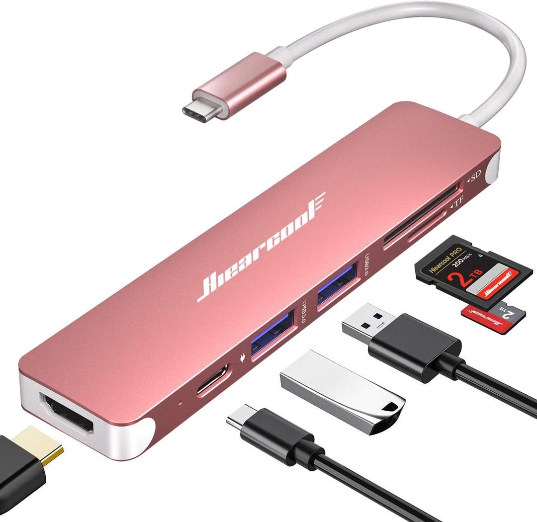 Hiearcool USB C Hub,USB-C Dongle,7IN1 USBC to HDMI Multple Adapter Compatible for MacBook Dell Lenovo Asus Thunderbolt 3 Thunderbolt 4 Type C Docking Station (HDMI USB3.0 TF/SD PD), Rose Gold 