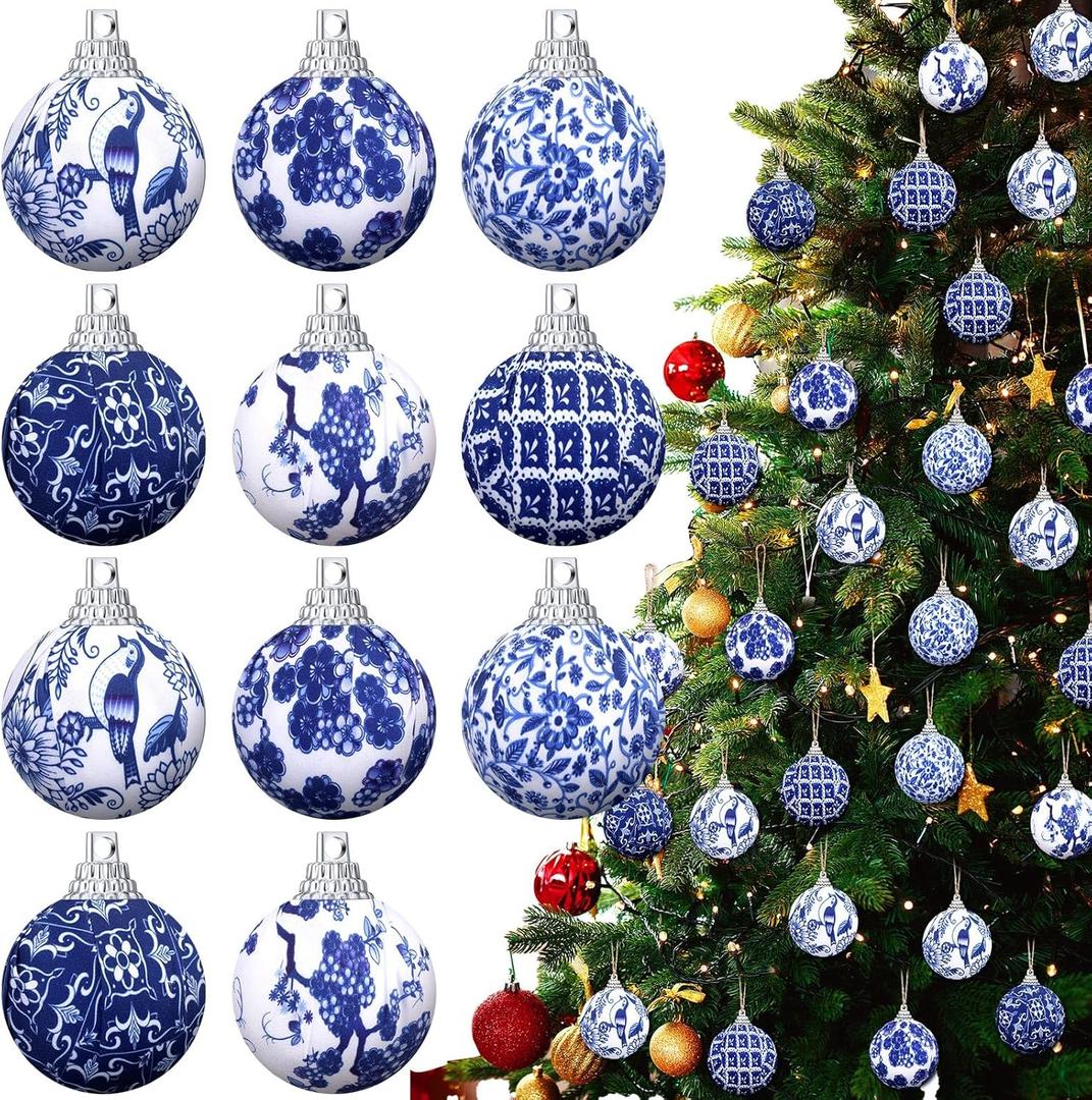 Preboun 48 Pcs Christmas Chinoiserie Ball Ornaments Blue and White Chinoiserie Tree Decoration Christmas Tree Hanging Ornaments Fabric Wrapped Home Xmas Decor for Modern Party (Blue,1.18 Inch)