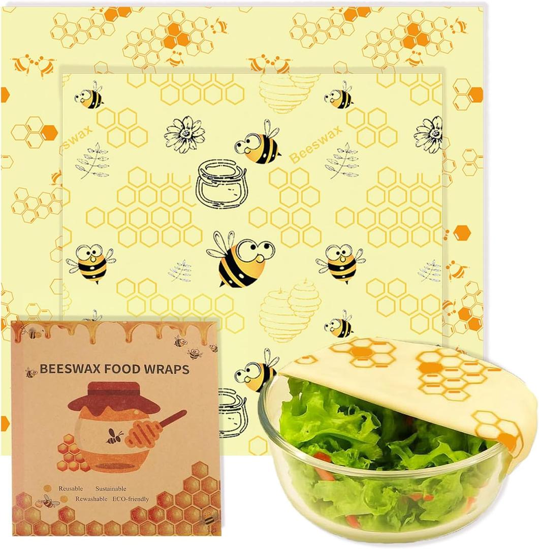 2 PCS Reusable Beeswax Wraps 14 x 13 Inch & 11 x 10 Inch Beeswax Sandwich Wraps for Food Eco-Friendly Sustainable Food Storage Wraps