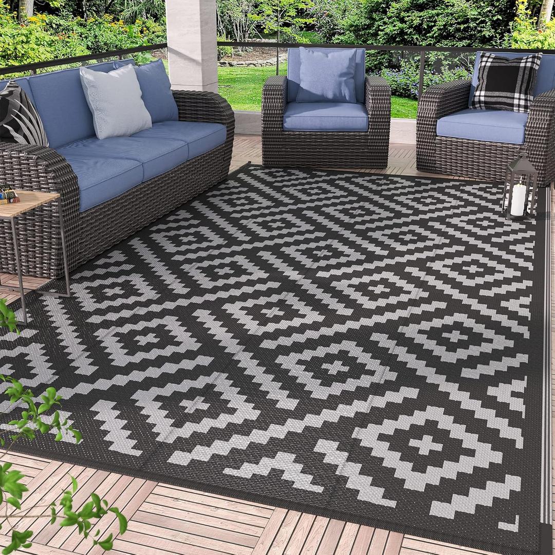 GENIMO Outdoor Rug for Patio Clearance,6'x9' Waterproof Mat,Reversible Plastic Camping Rugs,Rv,Porch,Deck,Camper,Balcony,Backyard,Black & Gray
