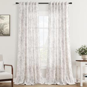 Vintage Floral Curtains 84 inch Length 2 Panels Set for Living Room Grey and Cream Printed Curtains Back Tab Neutral Farmhouse Bedroom Curtains Cottage Style Pretty Flower Patterned Linen Drapes, Grey Floral Pattern, 52"W x 84"L