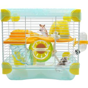 2 Layers Hamster Cage with Tubes Mouse Cage with Accessories Water Bottle Food Dish Transparent Hamster Habitat with Exercise Wheel for Hamster Guinea Pig Gerbil (10.9" x 8.1" x 9.8" Blue)
