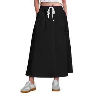 luvamia Denim Skirts for Women Trendy A Line Long Maxi Pull On Elastic Waist Drawstring Stretchy Jean Skirt with Pockets Plus Size Skirts True Black Size XX-Large Fits Size 20 Size 22