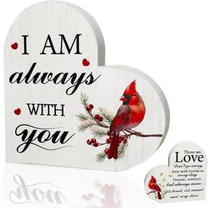 Mothers Day Memorial Gift Wooden Heart Sign Red Cardinal with Spring Leaves - Sympathy Gift for Loss of Loved One, Bereavement Tabletop Decor (Pack of 2)