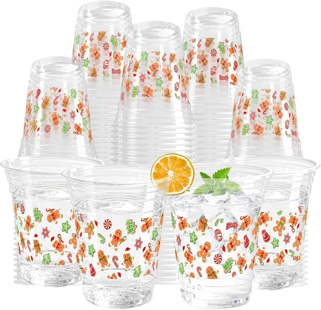 Christmas Clear Plastic Cups 12 Oz Gingerbread Men Disposable Cups Merry Christmas Drinking Cups Bulk for Beverage Coffee Xmas Holiday Party Favor Supplies