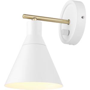 GLOBE Electric 65542 1-Light Plug-in or Hardwire Wall Sconce, Matte White, Brass Accent, Stepless Dimming Rotary Switch, Fabric Cord, Modern Lighting for Apartment or Renters, Home Decor