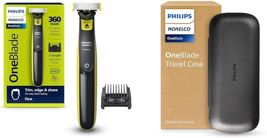 Philips Norelco One Blade Travel Kit Bundle - Philips Norelco One Blade 360 Face Hybrid Electric Trimmer & Shaver, QP2724/90 + Travel Case. QP401/90 (Black & Lime Green)