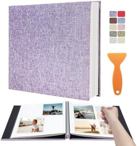 HenPisen Large Photo Album Self Adhesive Scrapbook Album for 4×6 5×7 8×10 Pictures DIY Magnetic Linen Cover Album 40 Pages for Family Wedding Gifts with Metal Pen and Plastic Board, Light Purple