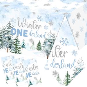 3Piecs Onederland 1st Birthday Boy Tablecloth, Disposable Blue Snowflake 1st Birthday Boy Table Cover Winter Wonderland Table Cloth for Wonderland Baby Shower Decorations