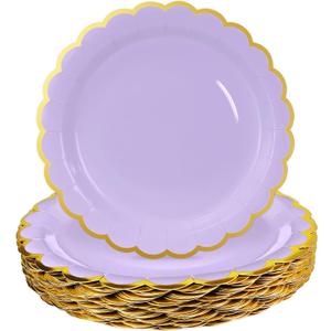 HEIPINIUYE 50 Pieces Lavender Paper Plates with Gold Foil 7 Inch Disposable Light Purple Scalloped Dinner Plates for Wedding Baby Shower Birthday Party Dessert Plate
