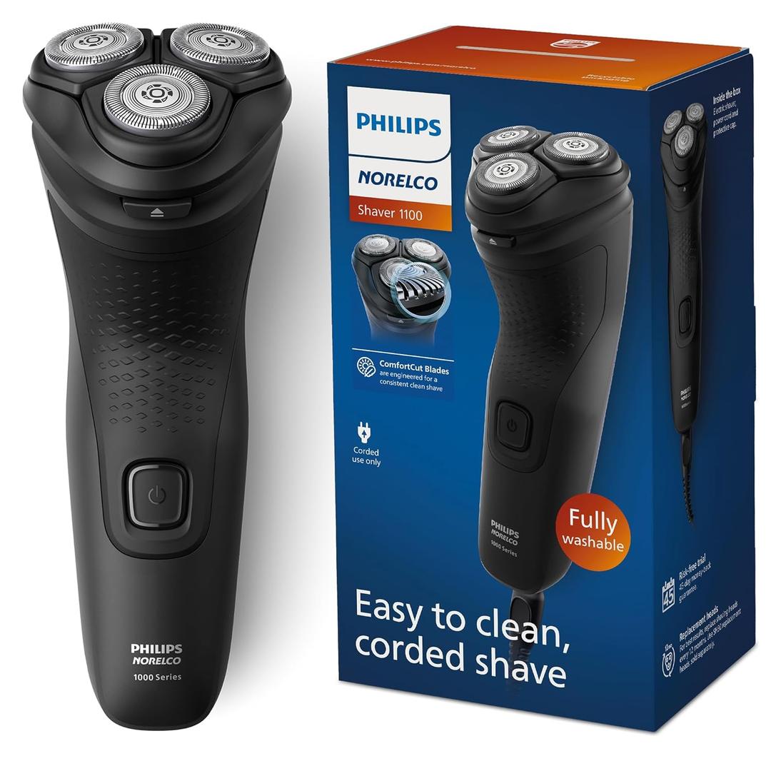 Philips Norelco Shaver 1100 Series, Dry Electric Shaver, 27 Self-Sharpening ComfortCut Blades, 4D Floating Heads, P-Cap, Deep Black, Model S1016/90