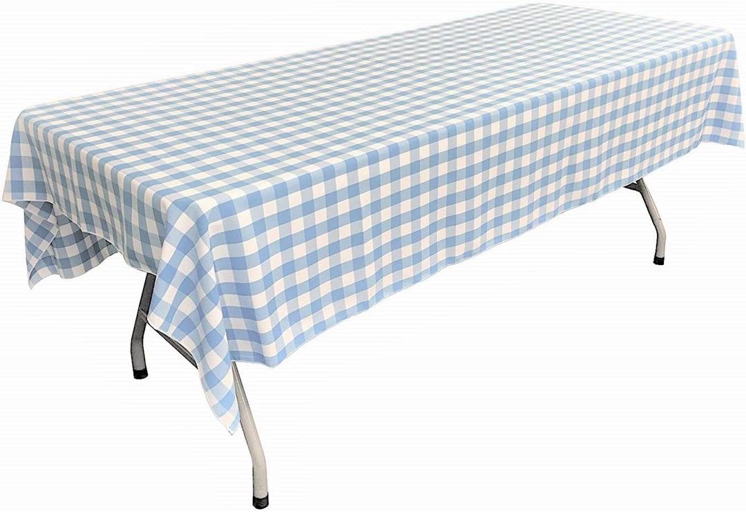 New Creations Fabric & Foam Inc, Polyester Poplin Gingham Checkered Rectangular Tablecloth (White & Light Blue, 60" Wide x 120" Long) New Creations Fabric & Foam Inc, Polyester Poplin Gingham Checkered Rectangular Tablecloth (White & Light Blue, 60" Wide x 120" Long)