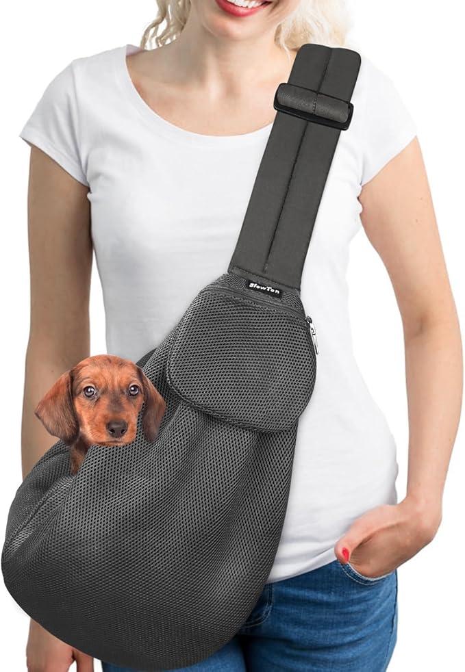 SlowTon Dog Carrier Sling - Thick Padded Shoulder Strap Adjustable Dog Carriers for Small Dogs, Puppy Carrier Purse for Pet Cat with Front Zipper Pocket Safety Belt Machine Washable (GY, L)