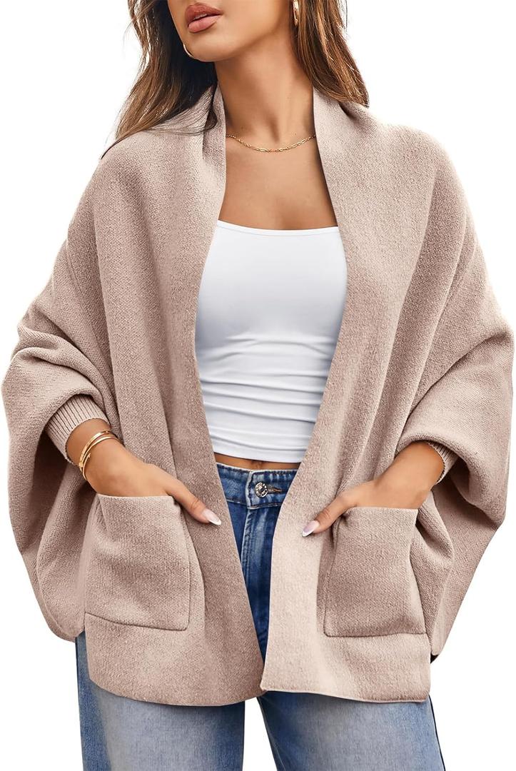 Saodimallsu Womens Open Front Cardigan Batwing Long Sleeve Shawl Chunky Knit Loose Fall Poncho Sweater Coats (S, Coffee)