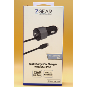 ZGEAR Fast Car Charger For W/ USB Port - 17 Watt 6 Foot Coil Cord