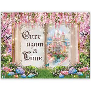 Fabric 8x6ft Fairy Tale Books Photography Backdrop Spring Princess Castle Pink Floral Magic Background Girls Party Decoration Wedding Photo Banner Props