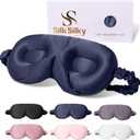 SilkSilky 100% 22 Momme Mulberry Silk Sleep Mask – Upgraded 3D Contoured Eye Mask with Nose Wing Pads & Adjustable Strap, Luxury Blackout Eye Cover for Women & Men (Dark Blue)