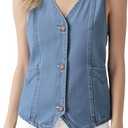 Women's Denim Sleeveless Casual Vest for women, Jean Vest Top, Light Wash, V Neck, Button Front with Dual Pockets, Size M