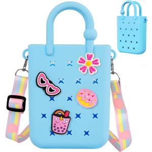 Oudizz Mini Rubber Tote Bag, Silicone Beach Tote for Little Girl & Woman, Cute Bag with 20 Charms & Adjustable Shoulder Strap
