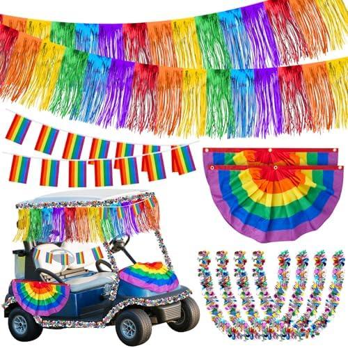 Moucuny Pride Rainbow Parade Float Decoration Kit with Rainbow Metallic Foil Fringe Curtains Tinsel Garland Streamers Fan Flag Banner for Trailer Car Pride Decor Supply