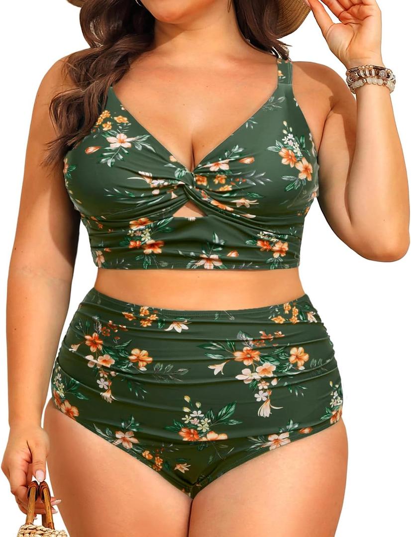 Daci Plus Size Two Piece Swimsuits - Women High Waisted Bikini Tummy Control Bathing Suits Knot Twist Swimwear 2025 Green Floral, 14W
