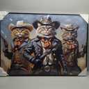 DRLWGTY Framed Canvas Wall Art, Cat in Western Cowboy Outfit, Hand-Embellished with Glitter,Abstract Animal Large Poster for Bedroom, Living Room Wall Decor, Ready to Hang (Cat, 28 * 40 in, Framed)