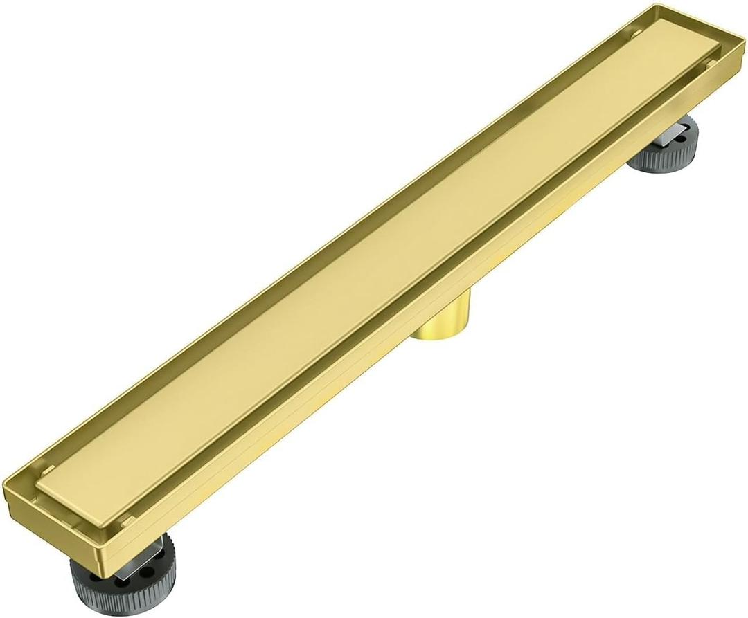 Linear Shower Drain 36 Inch Brushed Gold, Stainless Steel Rectangle Bathroom Floor Drain Tile Insert with Reversible Cover, Hair Catcher, Adjustable Feet