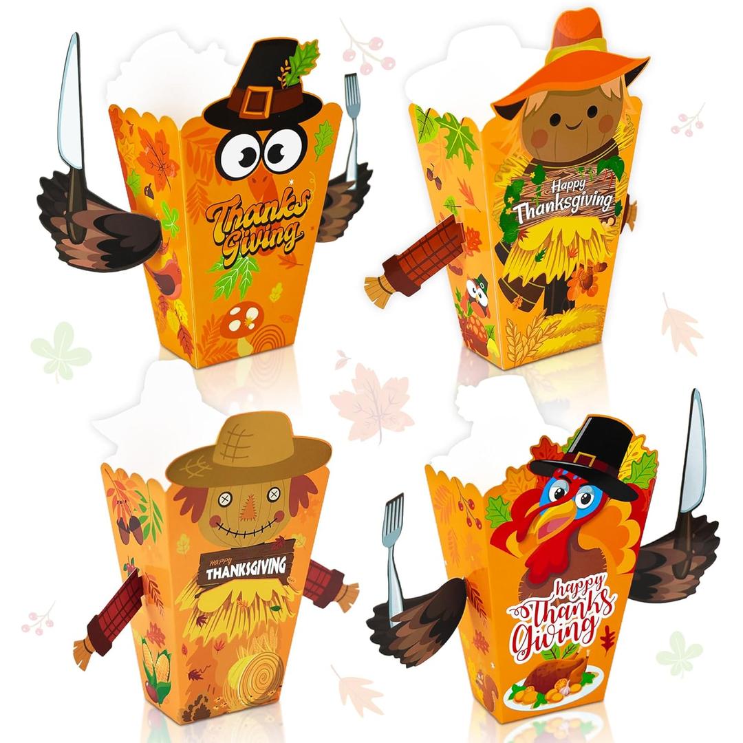 24Pcs Thanksgiving Popcorn Boxes, Autumn Pumpkin Turkey Maple Leaf Disposable Paper Treat Boxes, Suitable for Autumn Thanksgiving Themed Party Decorations
