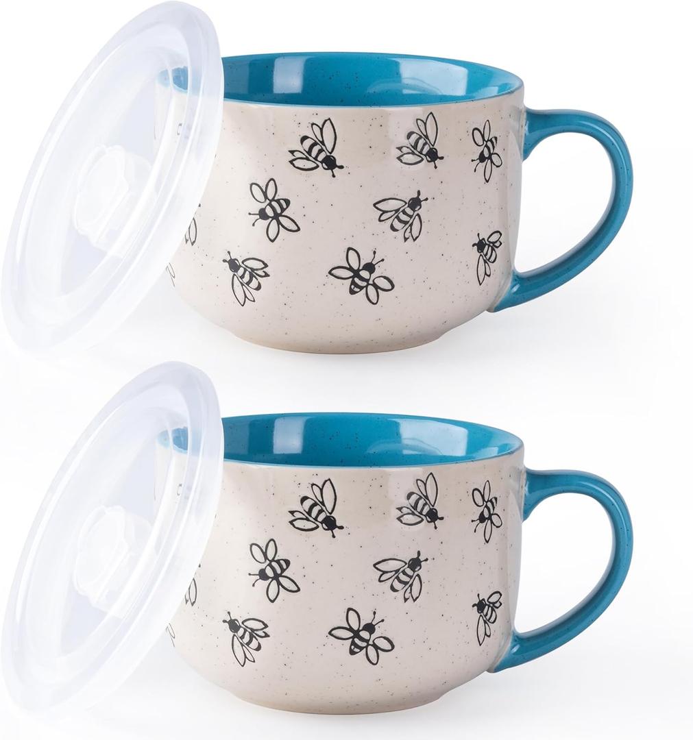 AmorArc 24 Ounces Ceramic Soup Mugs with Lids and Handle, Stoneware Bowls Cup Set of 2 for Coffee, Soup, Stew, Noodle. Beautiful Mug Bowls With Bees Patterns, Microwave&Dishwasher Safe, Blue