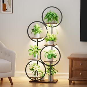 POZILAN 6 Tiered 55" Metal Plant Stand with Grow Lights, Black | Metal Frame, 4 Grow Lights, For Small to Medium Plants, Suitable for Living Room, Bedroom and Corner