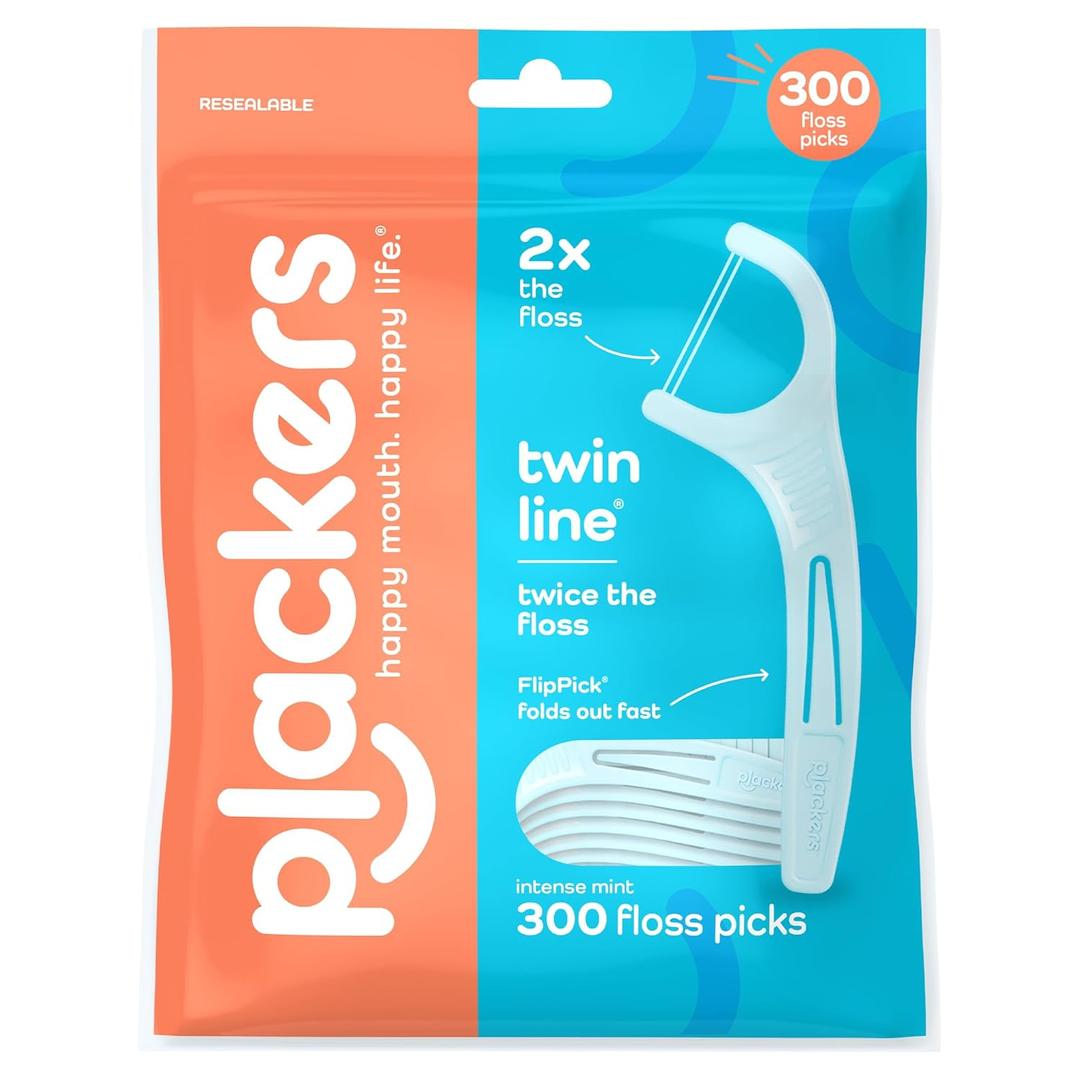 Plackers Twin Line Floss Picks with Tuffloss Fiber & FlipPick, Intense Mint, Double-Line Flosser for Effective Plaque Removal, 300 Count