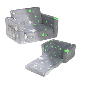 ALIMORDEN Fold Out Toddler Couch, Extra Wide Comfy 2-in-1 Cuddly Sherpa Sofa for Kids, with Removable Baby Friendly Blanket, Convertible Sofa to Bed, Gray (Stars)