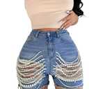 Tbahhir Womens High Waist Ripped Denim Shorts with Pearls Beading Chain Distressed Bodycon Stretchy Summer Jean Shorts (XX-Large, Blue)
