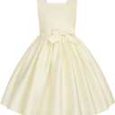 Uhnice Flower Girl Satin Dress Sleeveless Dresses with Detachable Bow for Wedding Party (4-5T, Cream)