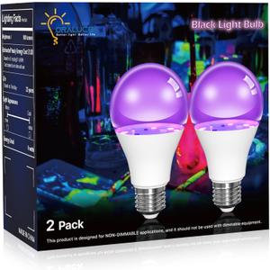 ORALUCE LED Black Light Bulb, 60 Watt EquivalentA19 UV Light Bulb UVA Level 385-400nm, E26 Blacklight for Body Paint, Party, Halloween, Fluorescent Poster, 2 Pack