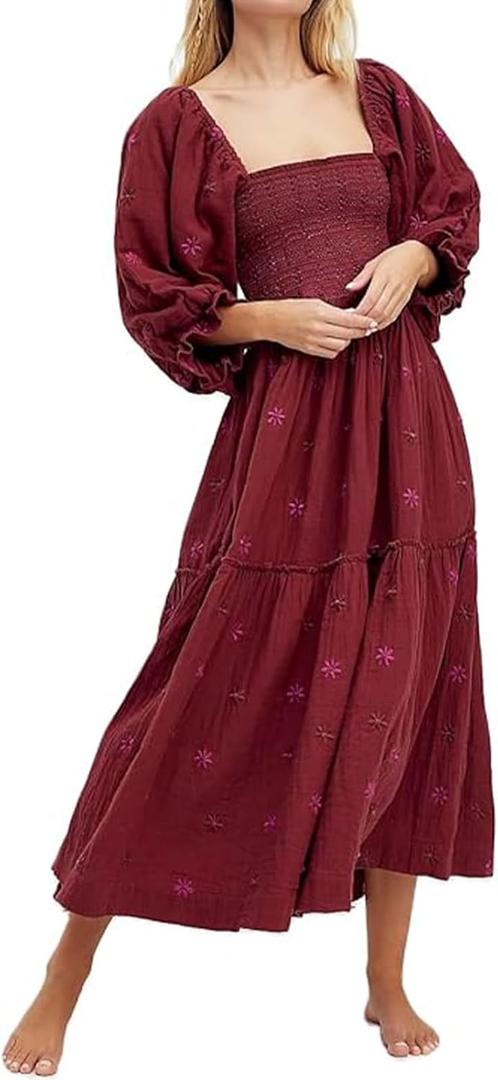 Women Floral Embroidered Maxi Dress Long Puff Sleeve Square Neck Bohemian Flowy Dress with Pockets Summer Fall (Medium)