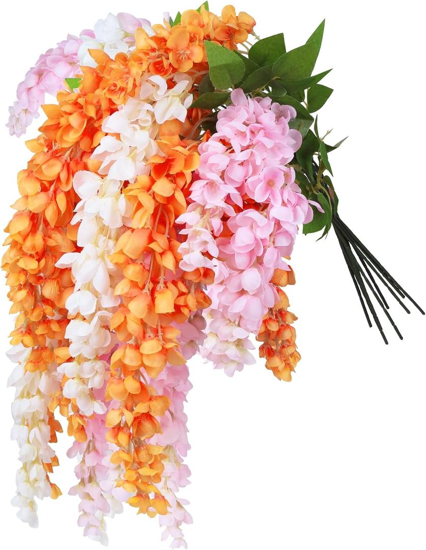 Orange Wisteria Artificial Flowers, 9Pcs 27'' DIY Fake Wisteria Floral Hanging Plant Garland with 3 Color, for Home Party Decor, Balcony, Wedding Arrangement, Spring Farmhouse Decorations