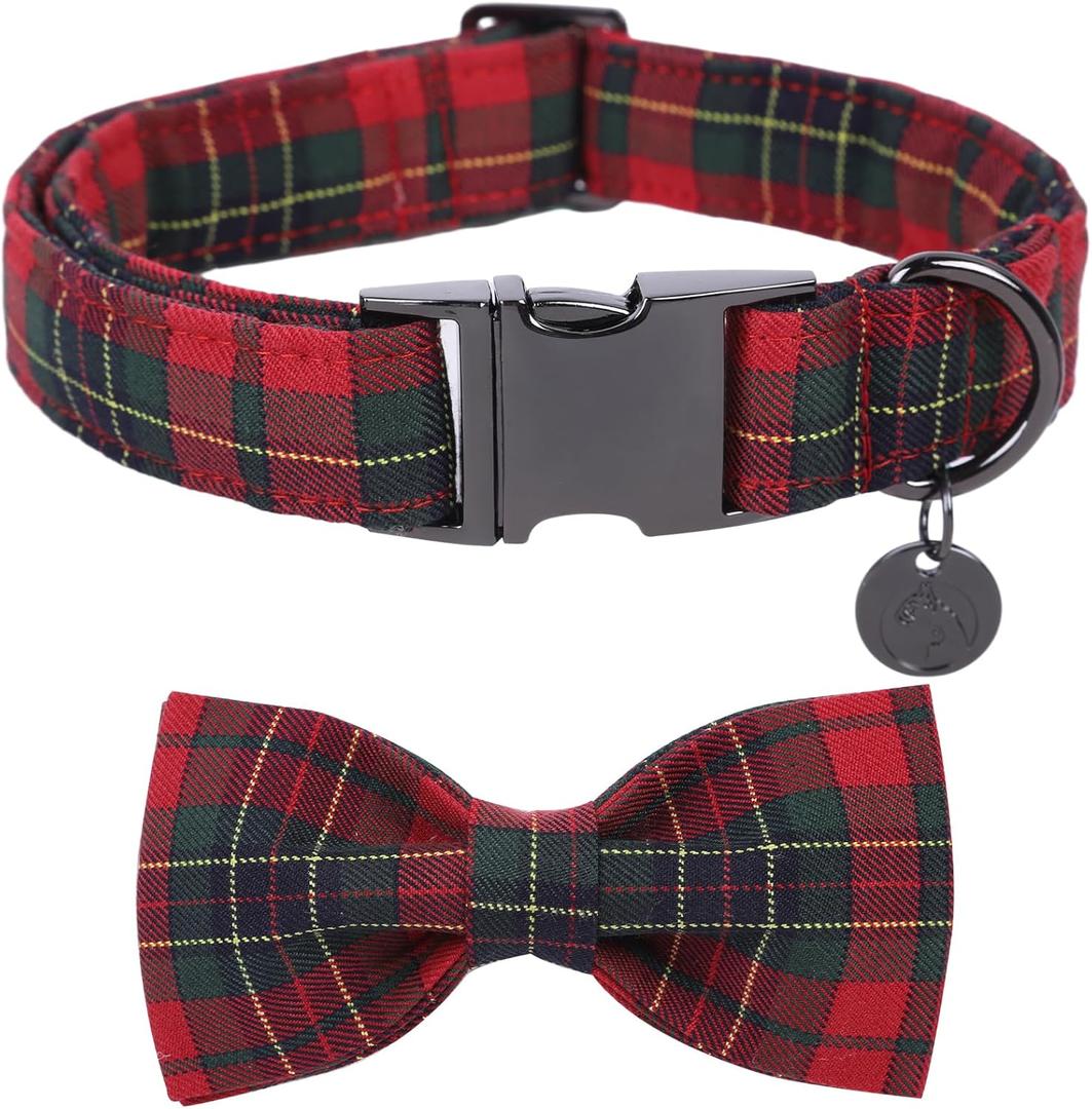 DOGWONG Christmas Red Plaid Dog Collar with Bowtie, Cute Cotton Dog Collars Red Christmas Dog Bowtie for Small Medium Large Dogs