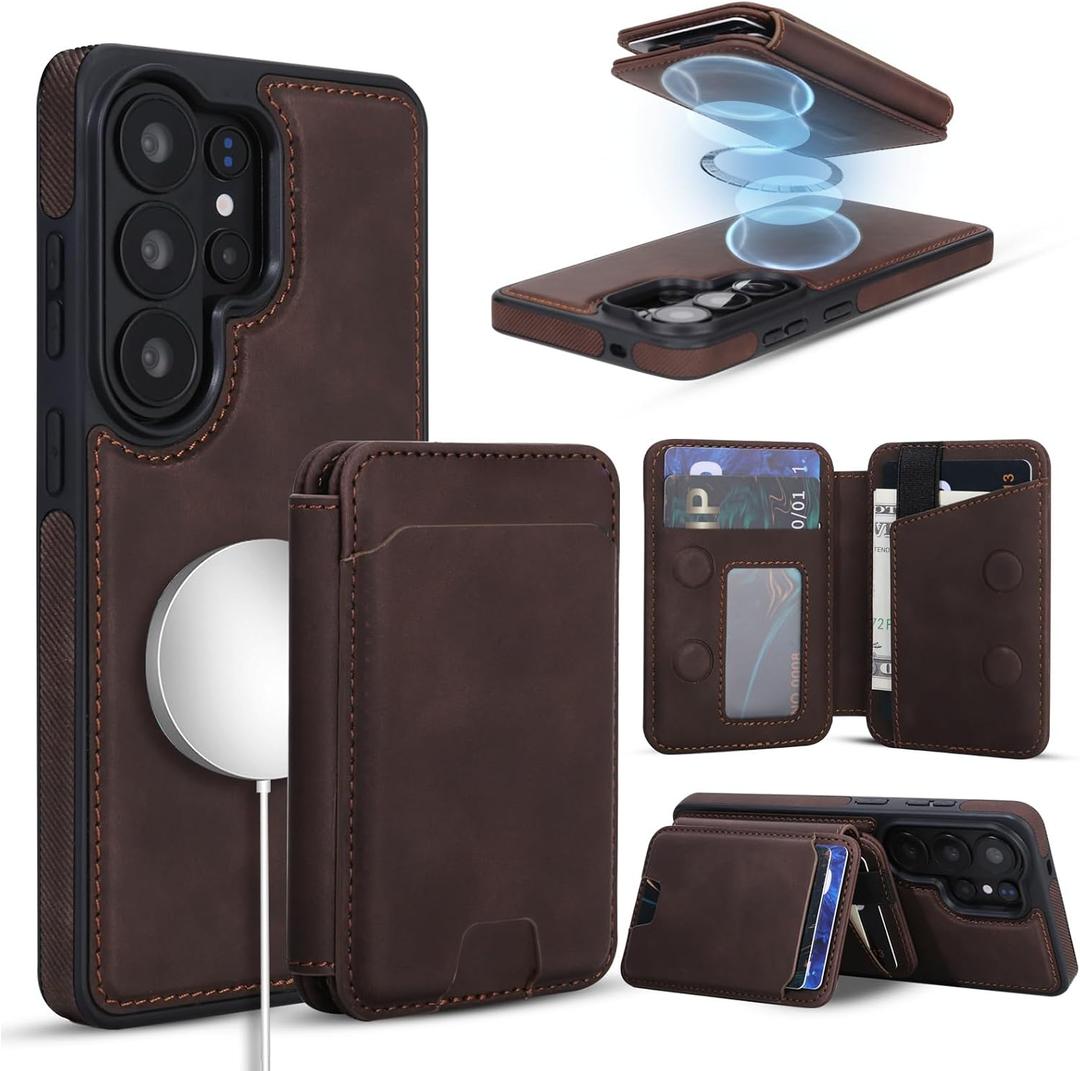 Magnetic Detachable Wallet Case for Samsung Galaxy S26 Ultra with Kickstand,2-in-1 MagSafe Compatible RFID Blocking Card Holder,Slim PU Leather Cover Vintage Brown