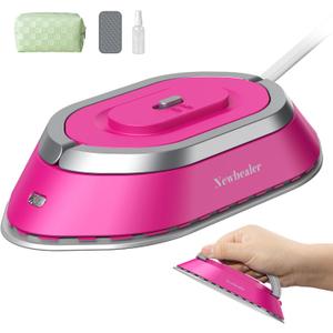 Newbealer Travel Iron with Dual Voltage - 120V/220V Mini Dry Iron for Clothes (No Steam), Non-Stick Ceramic Soleplate, 302 Heat Press Machine for Quilting & Sewing, 0.95lbs Lightly (Hot Pink)