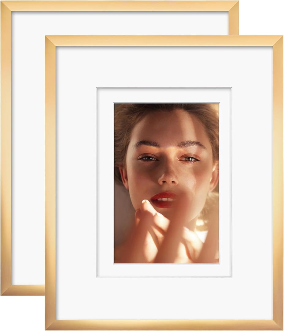Egofine 8x10 Aluminum Picture Frame Display with Mats for 4x6/5x7 or 8x10 without Mat, Metal Picture Frame Covered by Plexiglass for Tabletop and Wall Mounting, 2 Pack, Gold