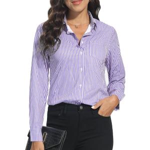 COUXILY Soft Wrinkle-Free Button Down Stretch Shirts for Women, Breathable Moisture-Wicking Casual Work Dress Tops (Large, Purple Stripe)