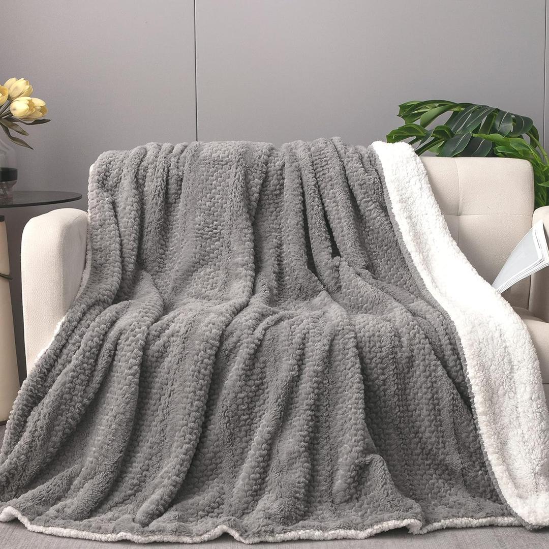 Tache Faux Fur Throw Blanket Grey - Bubbly Textured Striped Embossed Super Soft Warm Fluffy White Sherpa Plush - 63" x 90"