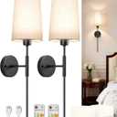 Battery Operated Wall Sconce Set of 2, 13000mAh Rechargeable Battery Powered Sconces with Remote Dimmable Fabric Shade Wireless Sconces Fixture for Bedroom Living Room (Black+Beige)