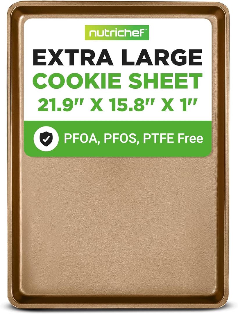 NutriChef Nonstick XL Cookie Sheet Baking Pan, Extra Large 22 Inch x 16 Inch, Carbon Steel Oven Baking Sheet for Cookies & Pastries, Gold - NCLG1GD, 1-Pack