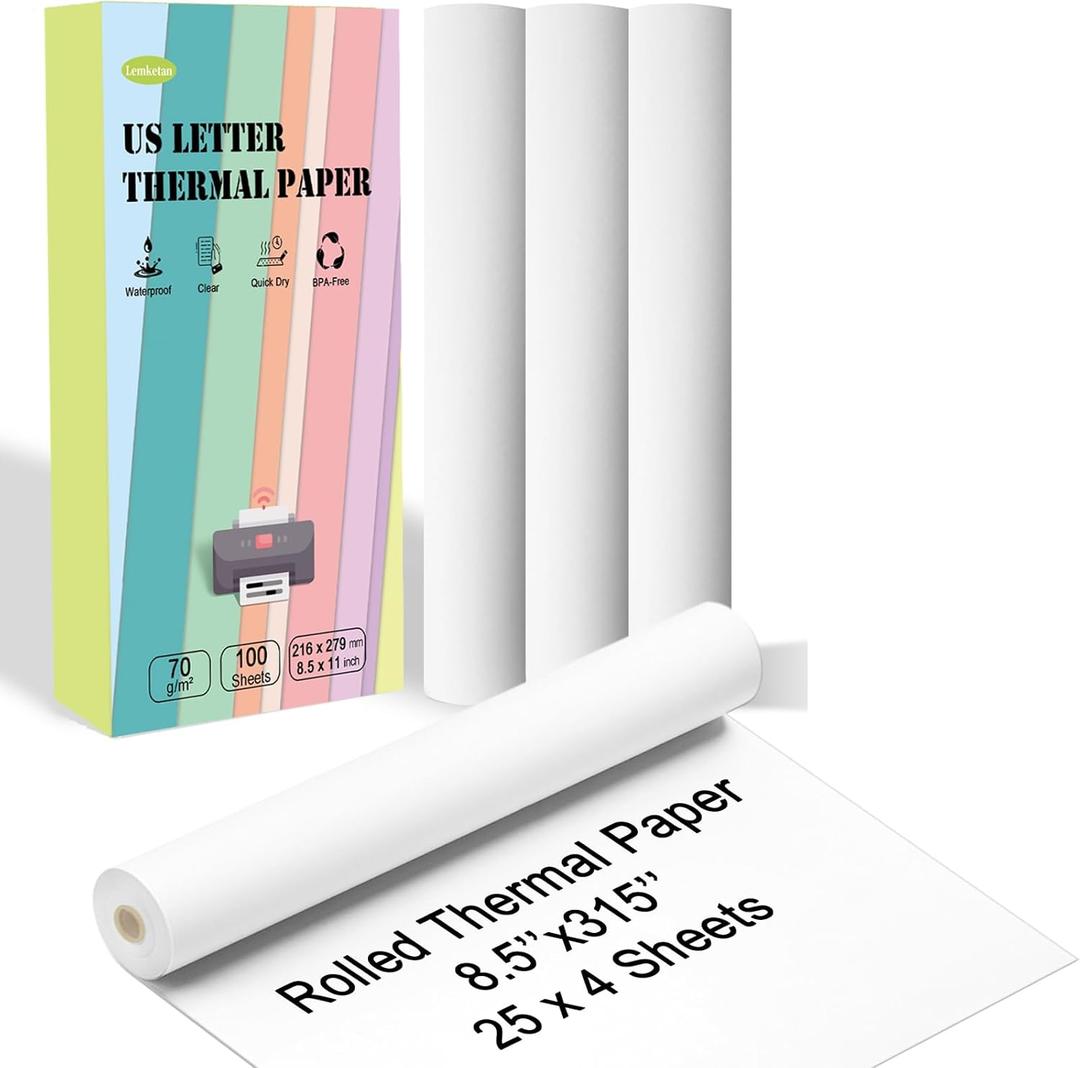 8.5 x 11 US Letter Size Thermal Printer Paper, Quick Drying Fan-Folded Thermal Paper, Compatible with MT610, M08F, D810, M832, M08E, A285M, A40, A80, A81, PR20, iDPRT HPRT PRT (100 Sheets, Rolled)
