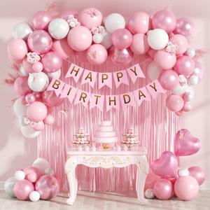 Pink Birthday Decorations with Pearl White Light Pearl Metallic Pink Foil Balloons Fringe Curtain Banner for Happy Birthday Decorations for Women