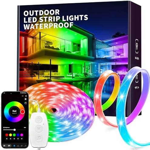 KSIPZE 200ft(4 Rolls of 50ft) Outdoor led Strip Lights Waterproof IP68, RGB Outdoor led Lights with Button & Bluetooth App Control, Music Sync, Timer, Exterior Led Rope Lights for Decor Balcony, Roof
