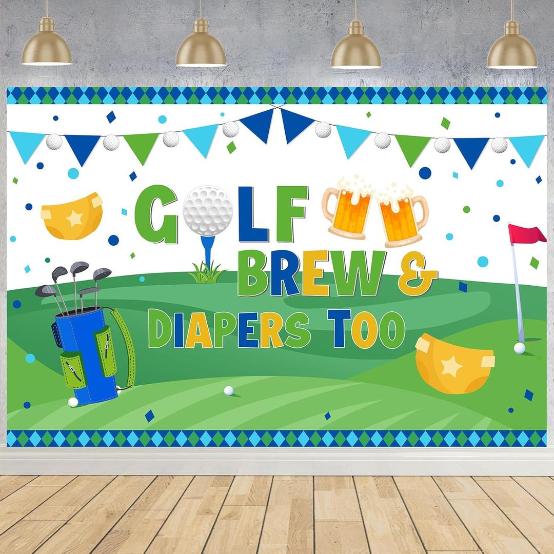 Golf Baby Shower Decorations 7 * 5ft Brew & Diapers Too Decor Backdrop Sports Theme Banner with Golf Club Diapers Pattern Golf Beer Theme Baby Shower Supplies for Golf Dad to Be Beer Party